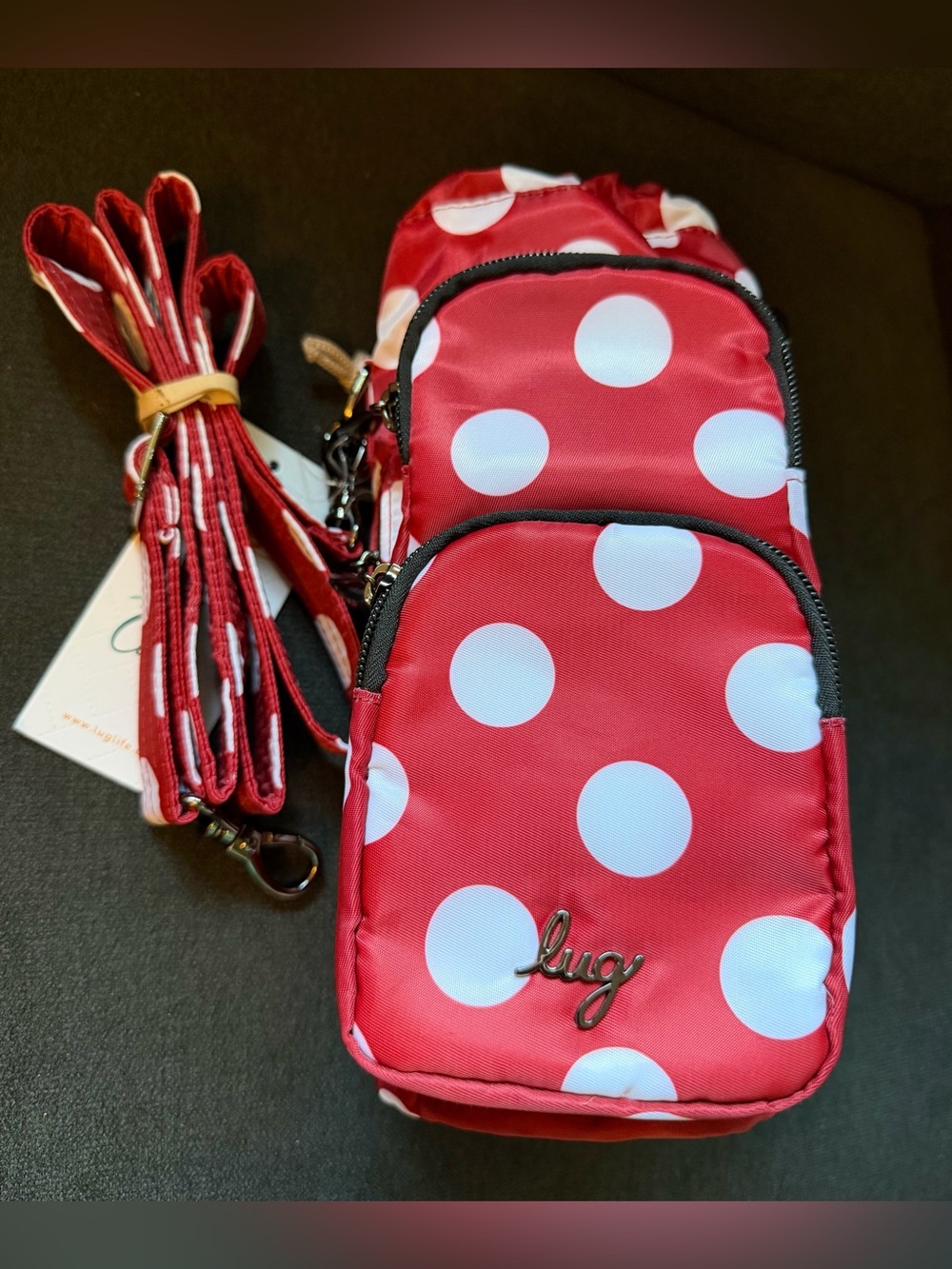 Lug Huggie SE Crossbody Insulated Bottle Bag Crimson Large Dot Red White Minnie